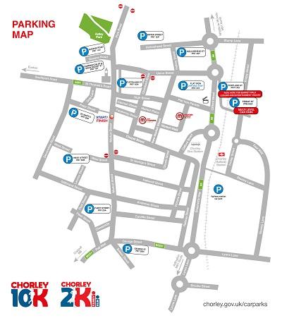 Chorley 10K and 2K Family Run parking map of town centre