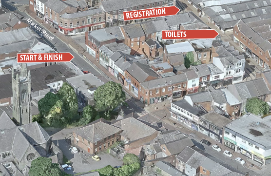 Map of start, registration and toilets for Chorley 10K 2026