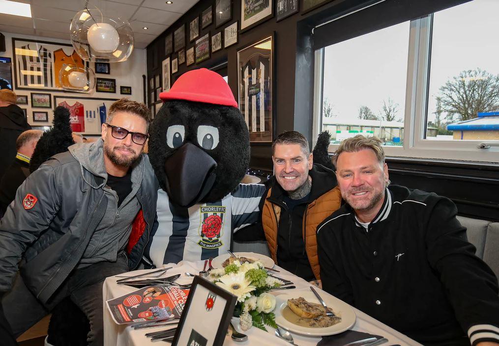 Keith Duffy, Shane Lynch and Brian McFadden with Victor Magpie at Chorley FC (Pic credit: David Airey).